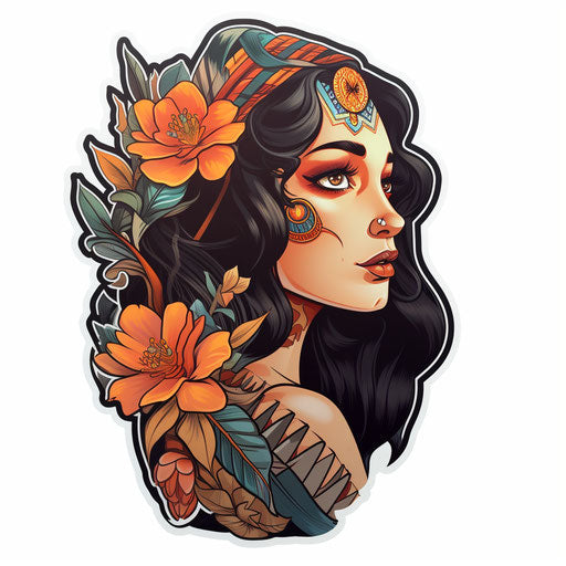 Girl with flowers, tattoo sticker, Egyptian art style