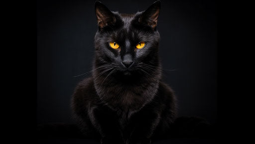 Elderly black cat with yellow eyes on black background, gothic style, bold colorism