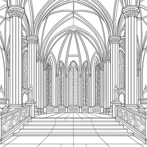 Detailed illustration of a grand cathedral with stained glass windows. Coloring book page