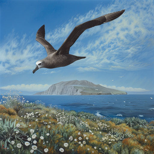 Black-footed albatross gliding gracefully over a remote wild island