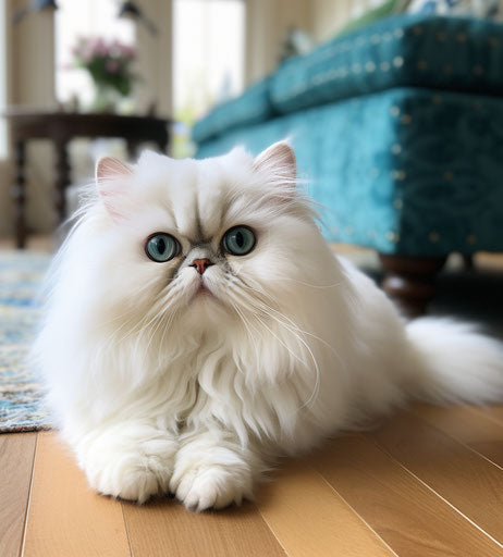Persian cat with big eyes on wooden floor, in y2k aesthetic style
