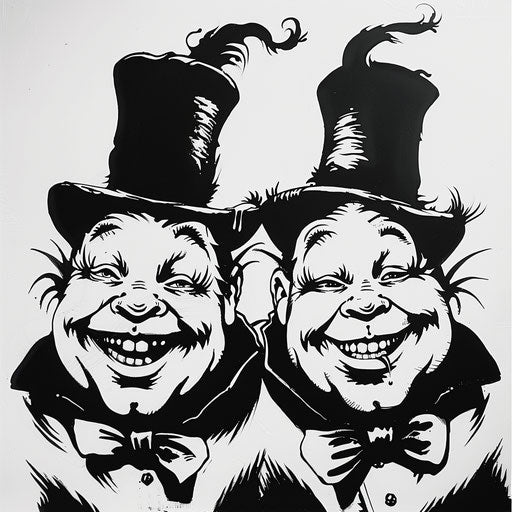 Black and white tattoo stencil of Tweedledee and Tweedledum