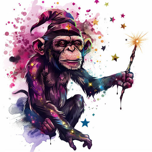 Enchanting monkey with magic wand and mystical tattoo design in sparkling colors on white background