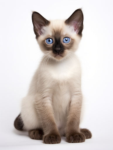 Siamese kitten sitting on white background, firmin baes style, light maroon and dark indigo