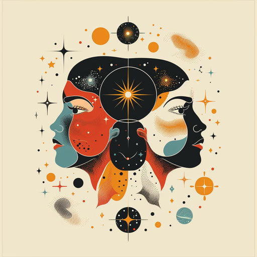 Sketch of Gemini constellation with bold psychedelic 70s colors