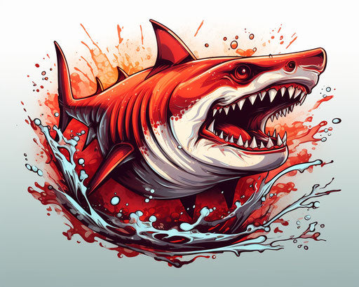 Shark tattoo in colorful cartoon style, explosive