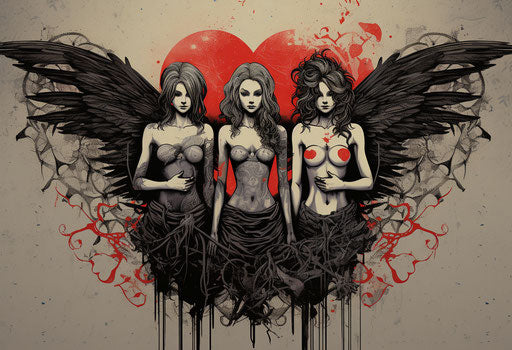 Three angels hold up a red heart with classic tattoo motifs