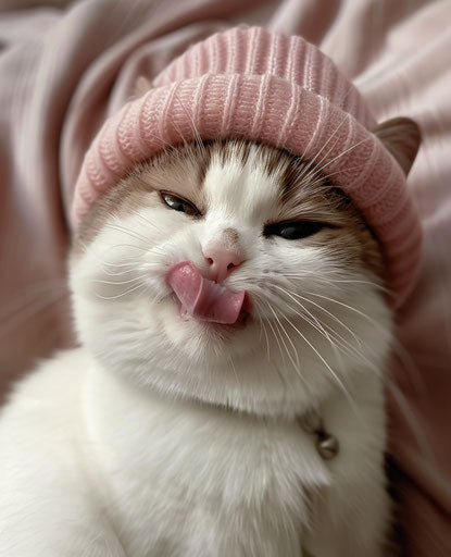 Cat in pink hat sticking out tongue, light white and light maroon style