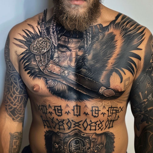 Stomach tattoos of a Viking warrior, in the style of Glenn Fabry