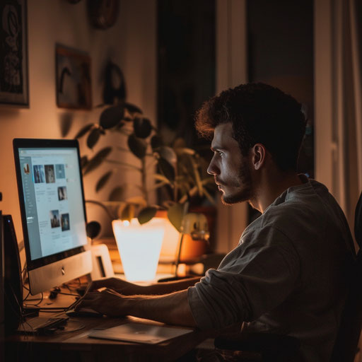 Young professional working late in front of a computer screen