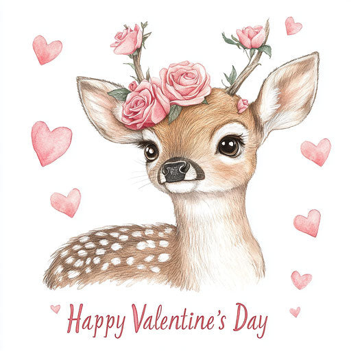 Young deer with pink roses in its hair
