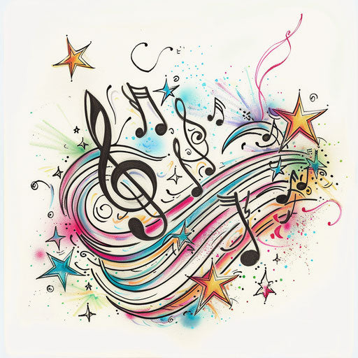 Explosion of music notes and multicolored stars
