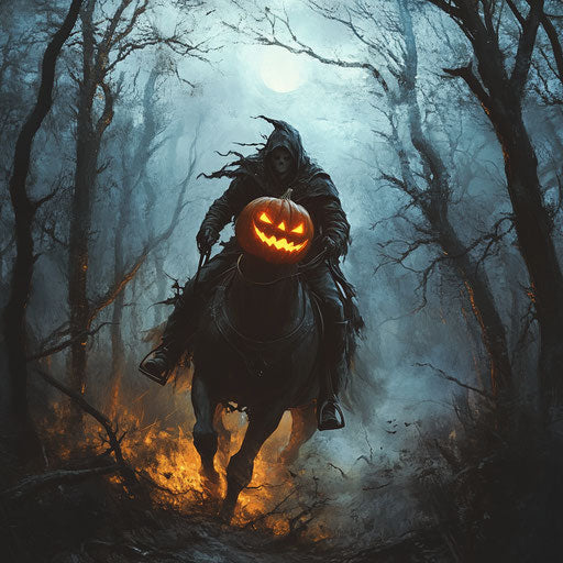 Headless rider in a forest of dead trees