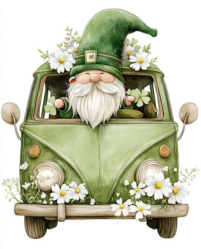St. Patrick's Day gnomes driving a green van with white flowers