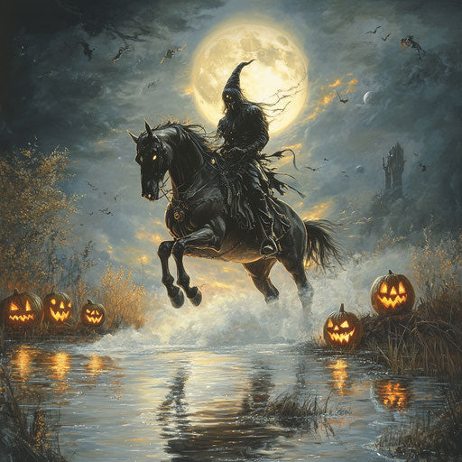 The headless horseman in the misty lake