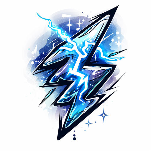 Flat tattoo sketch of a lightning bolt with electric blue and bright white highlights