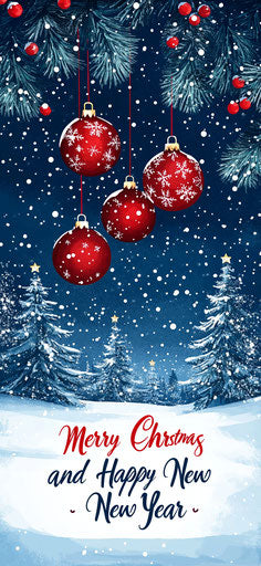 Starry night, red ornaments, merry Christmas and happy new year