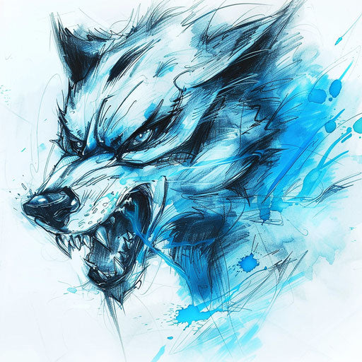 Edgy tattoo sketch of a venomous wolf, flat style with stark blacks and icy blues