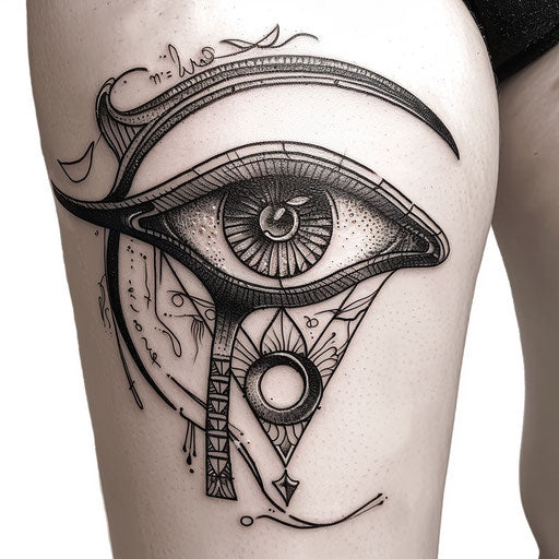 Gothic-inspired Eye of Horus tattoo on white backdrop