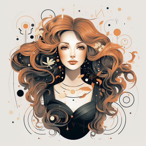 Virgo, zodiac girl with hair, in the style of women designers, feminine curves, visual puns, cinquecento, urban signage, delicate coloring, modern jewelry