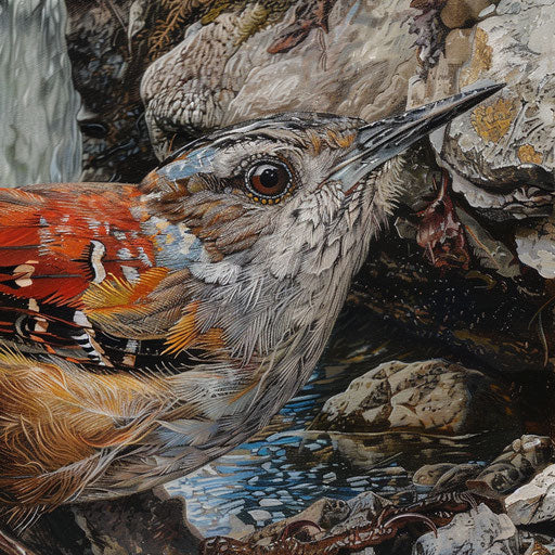 A wall creeper with vibrant plumage feeding on insects by a rocky riverbank