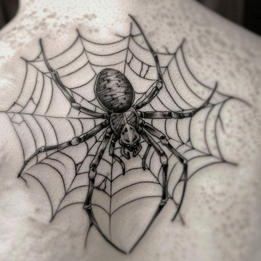 Spider web with black widow tattoo on white canvas
