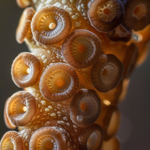 Detailed view of a delicate suction cup on an octopus tentacle