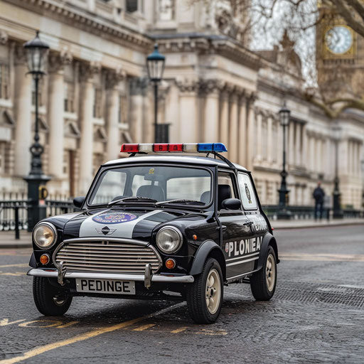 1980 Mini Cooper as British police car with 'Panda' livery, parked by iconic London landmark.