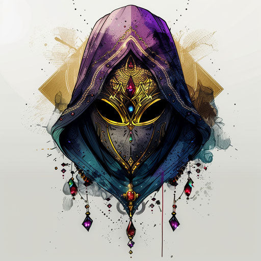 Fantasy hood with bold jewel tones and golden accents