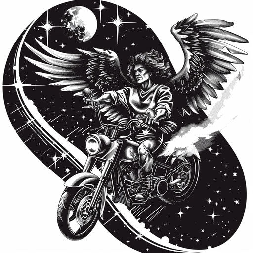 Archangel Michael in a surreal tattoo stencil, riding a cosmic motorcycle through space, on a white background.