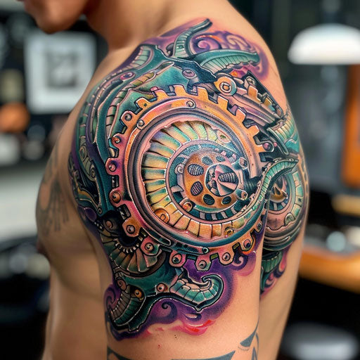 Abstract and colorful biomechanical shoulder tattoos in Aitchison style