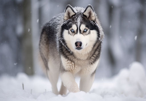 Siberian husky walking in the snow