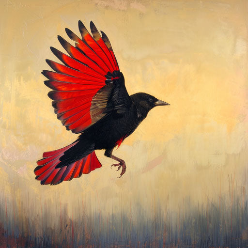 Black bird with red wings in the morning light, in the style of Paul Souders
