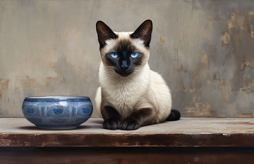 Siamese cat with blue eyes on table, dark white and light brown style