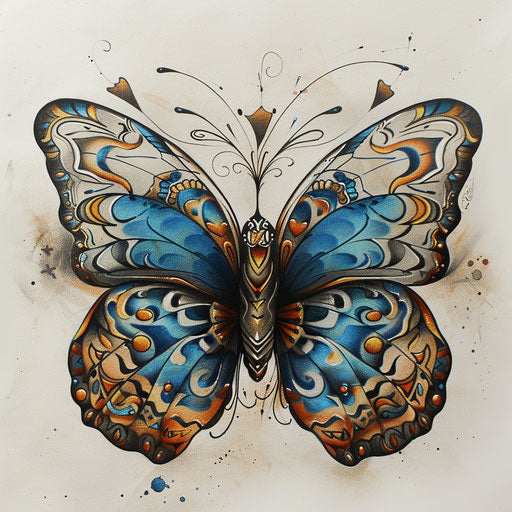 Exotic blue butterfly with tribal patterns in earth tones