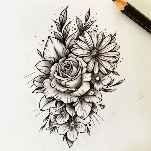 Vibrant tattoo sketch of rose with summer flowers burst
