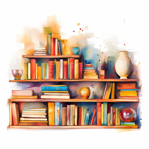 Bookshelf clipart in the style of Impressionistic Art