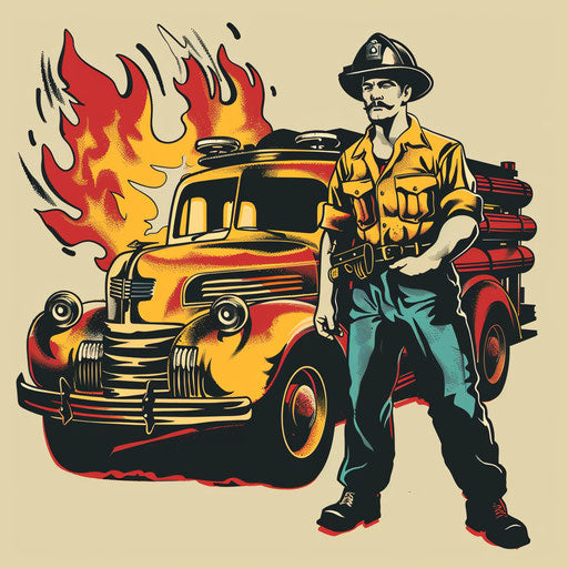 Vintage firefighter and fire engine