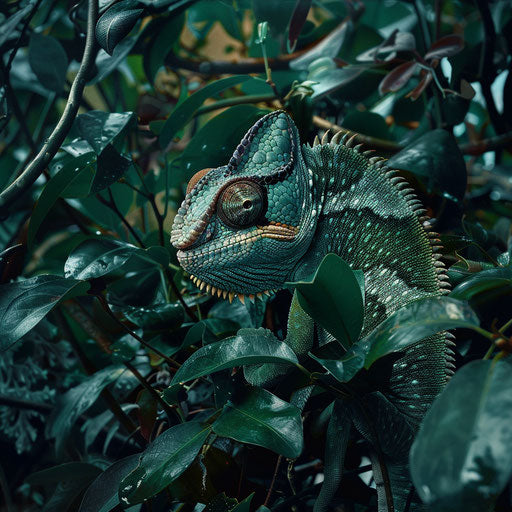 A chameleon in the shadowy undergrowth of a dense forest, its presence almost undetectable among the natural camouflage.