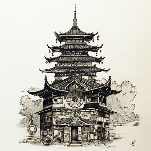 Asian temple with two towers and many clocks
