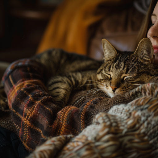 Tortoise cat sleeping on a couch with its owner