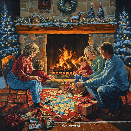 Christmas puzzle by fireplace with family on Xmas Eve