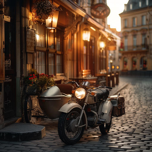 Vintage motorcycle with sidecar in front of quaint café