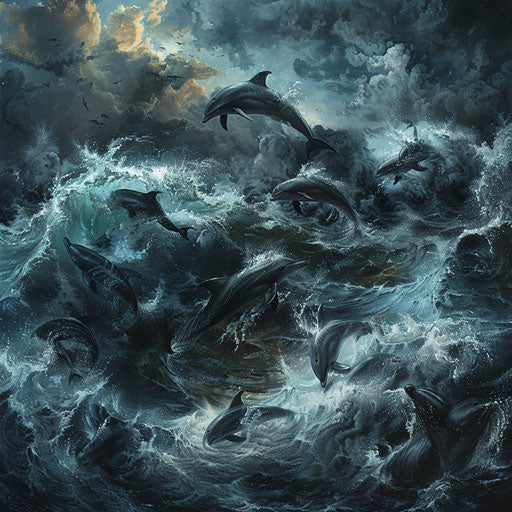 Storm at sea with dolphins navigating high waves