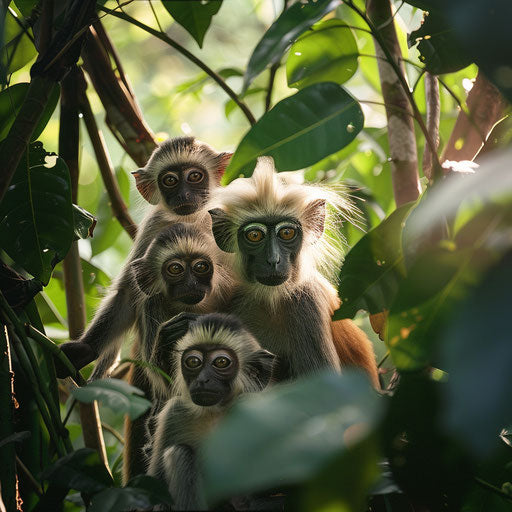 Family of Zanzibar red colobus monkeys grooming in lush tropical rainforest canopy