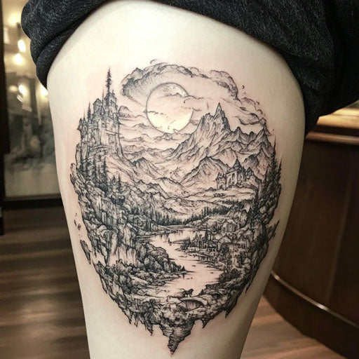 Fantasy landscape tattoo on back of thigh