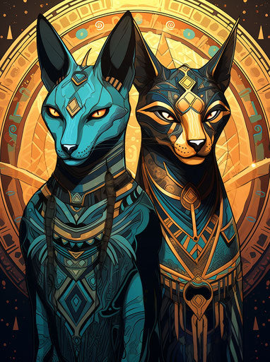 Egyptian animals in art deco style, celestialpunk poster, tattoo