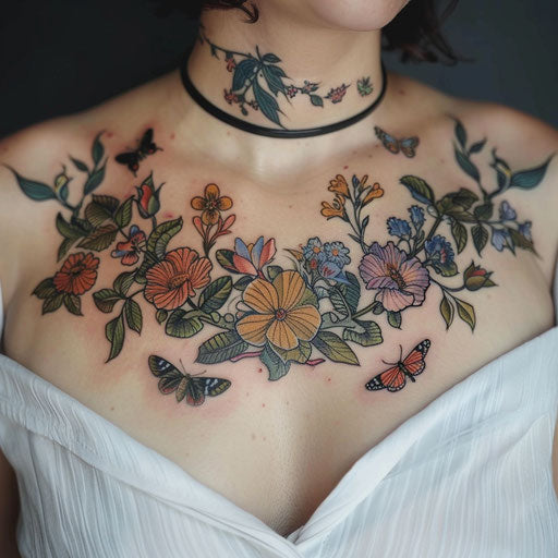 Botanical chest tattoo with detailed flowers and butterflies