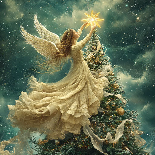 Ethereal angel placing star on tall Christmas tree