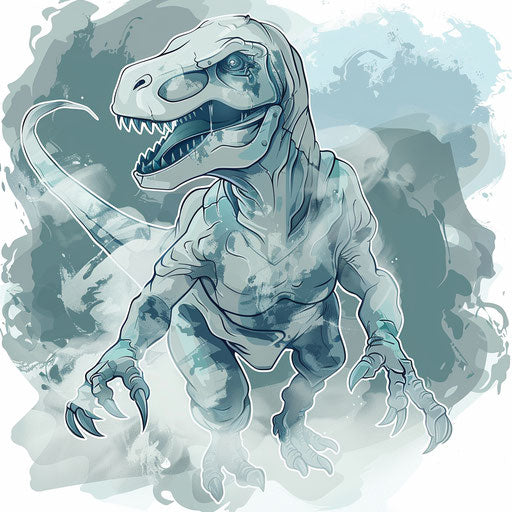 Eerie tattoo sketch of ghostly T rex emerging from mist, muted grays and blues, clipart style